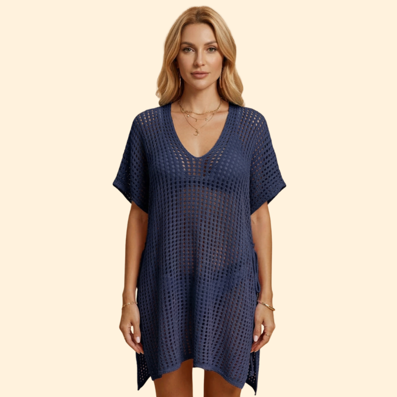 Rochie de plajă pentru femei, cu croială perforată și mânecă scurtă