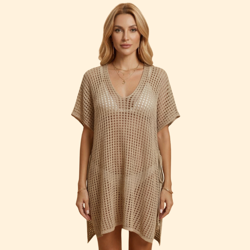 Rochie de plajă pentru femei, cu croială perforată și mânecă scurtă