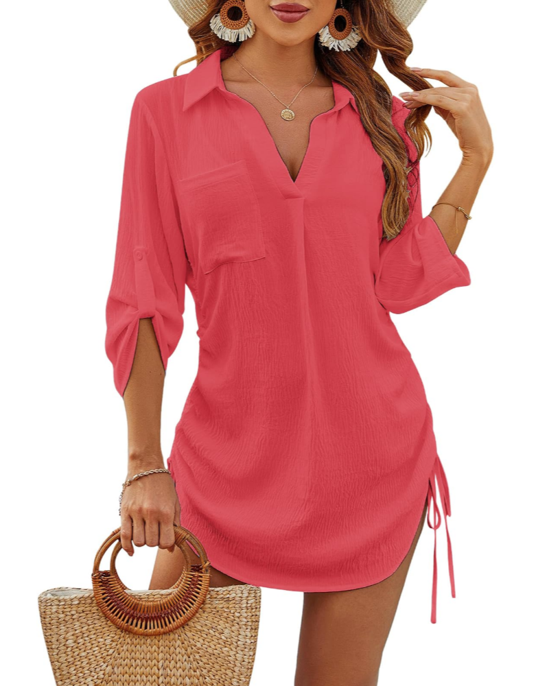 Túnica playera mujer | cuello camisero | ajuste con cordón | para vacaciones