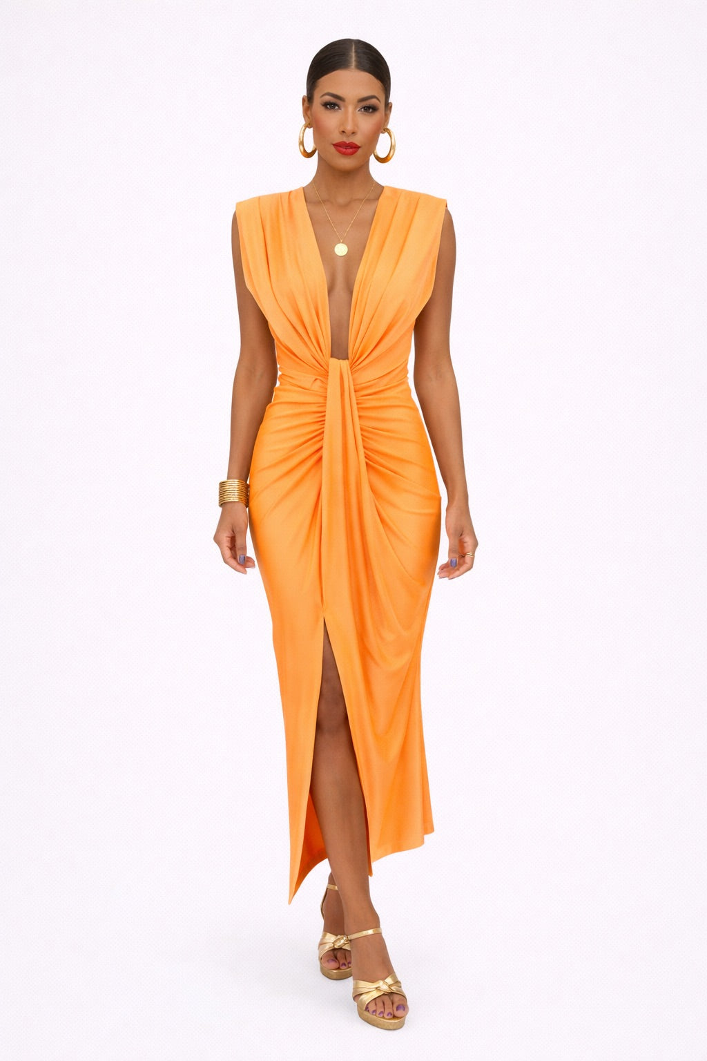 Vestido Largo de Poliéster y Spandex con Escote en V Profundo y Detalle Fruncido