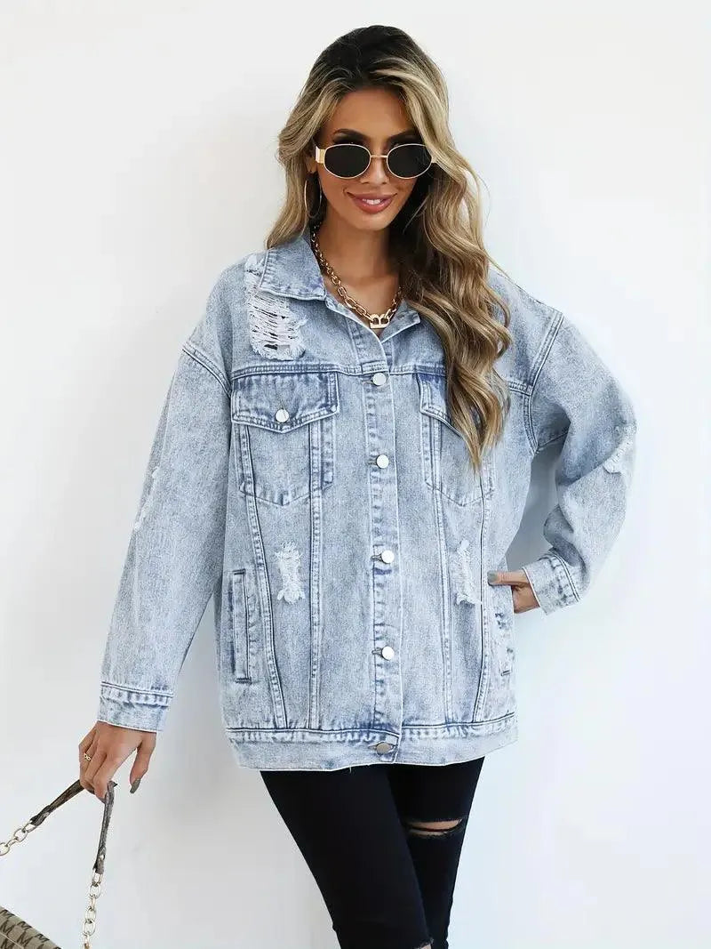 Giacca Jeans Oversize in Cotone con Effetto Lavato e Dettagli Usurati