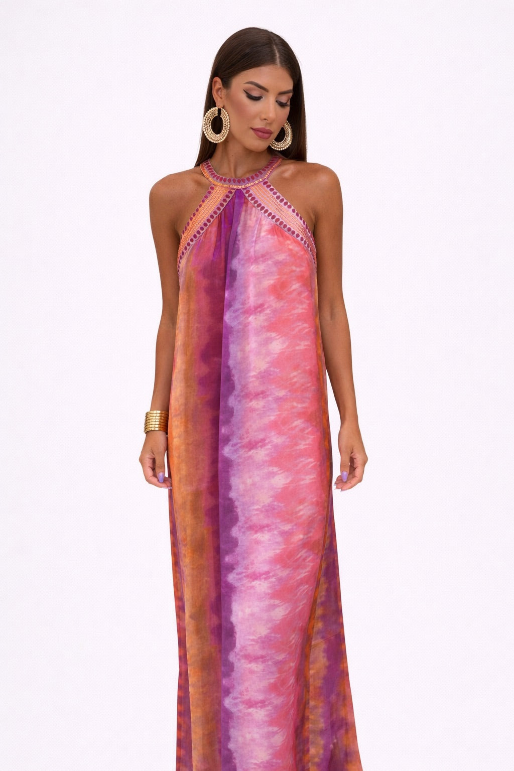 Vestido de Gasa Estilo Boho con Lentejuelas y Cuello Halter para Mujer