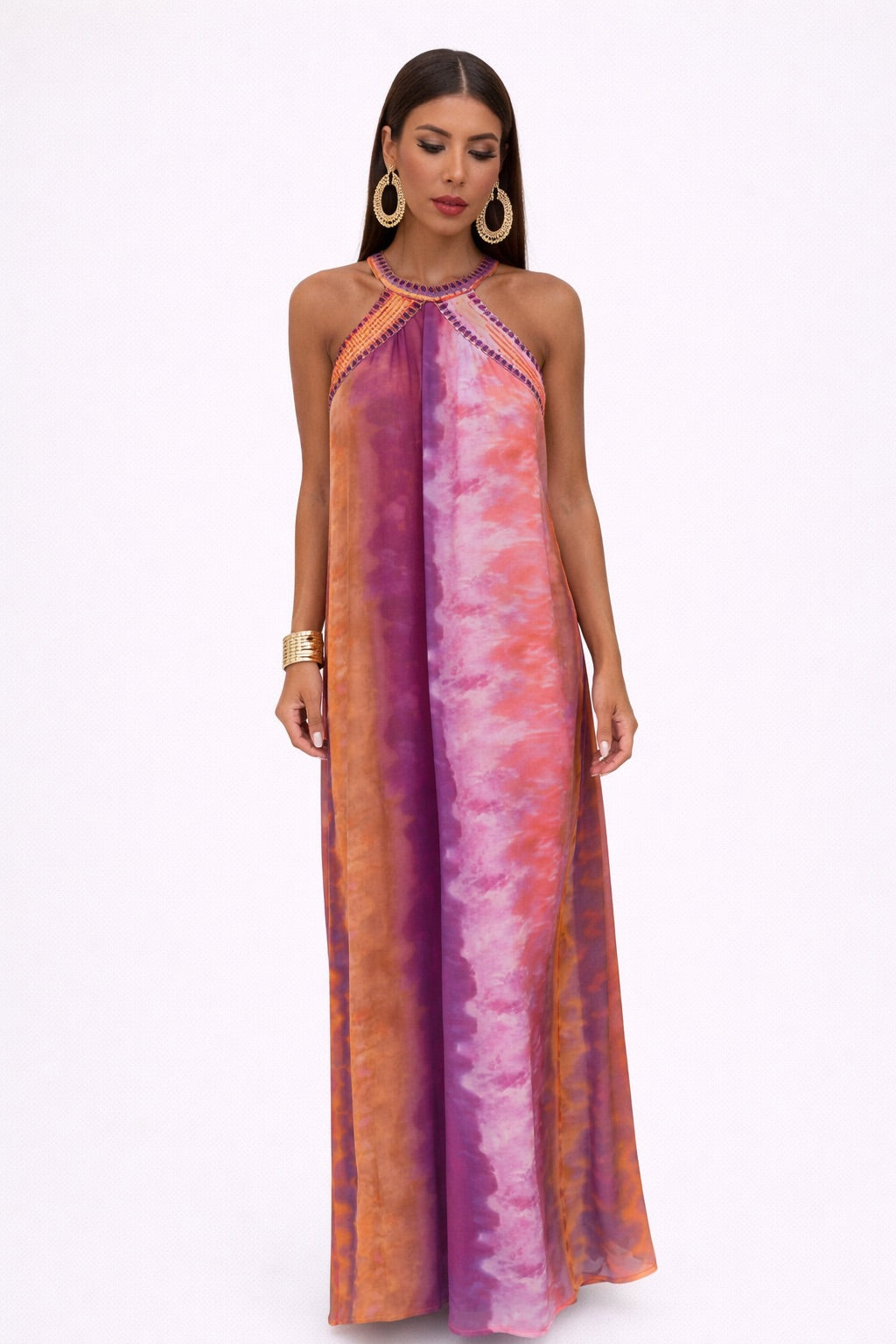 Vestido de Gasa Estilo Boho con Lentejuelas y Cuello Halter para Mujer