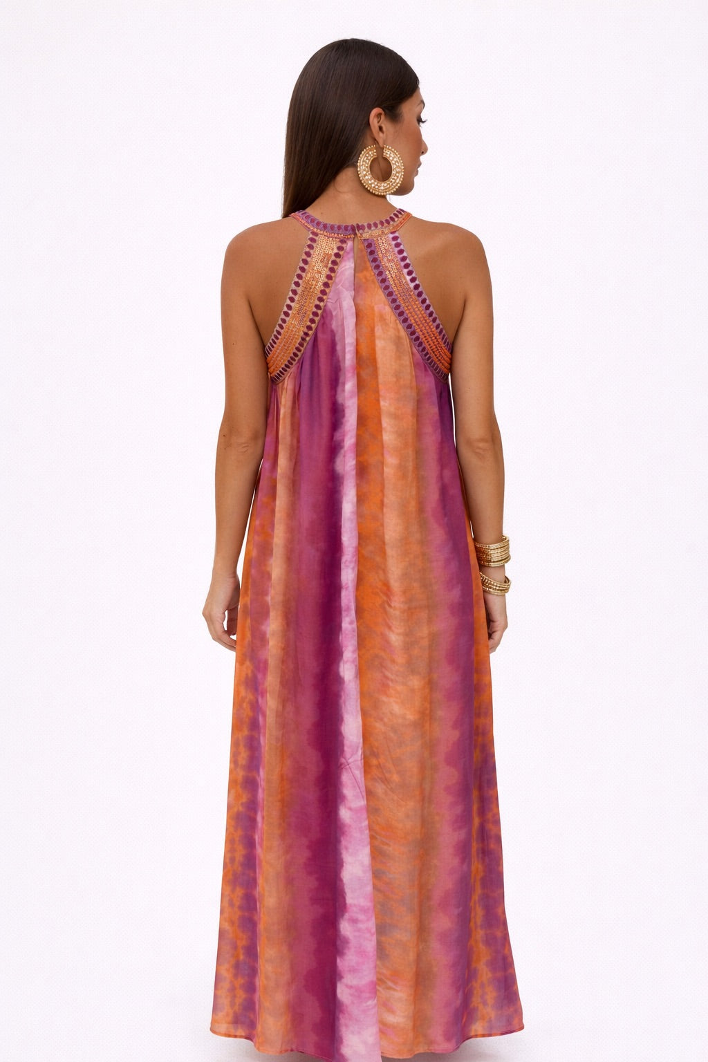 Vestito in chiffon stile boho con paillettes e scollo halter da donna