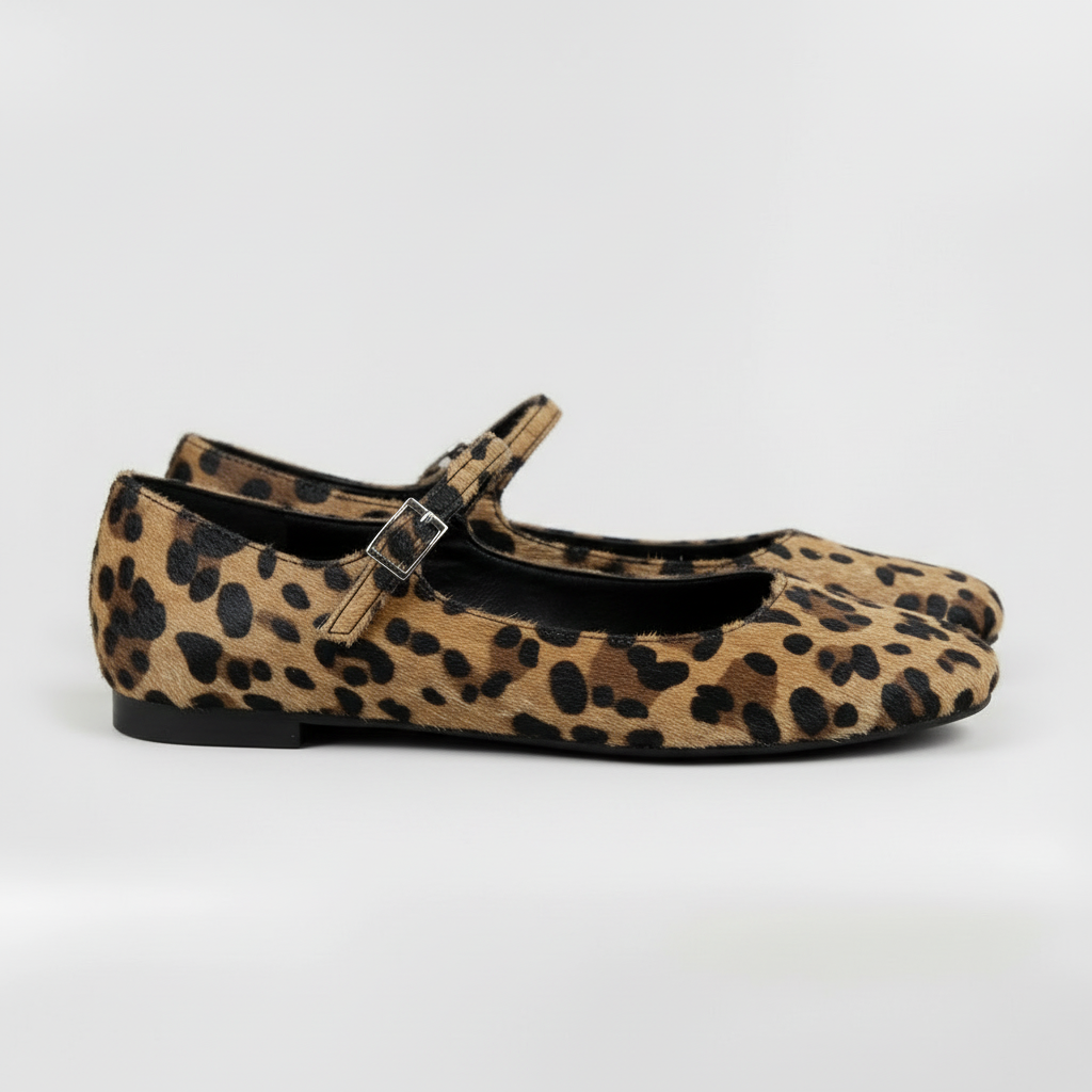 Women's Mary Jane Flats with Leopard Print and Adjustable Strap