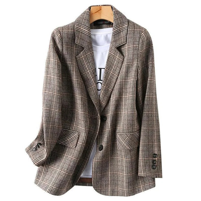 Blazer a Quadri da Donna con Chiusura a Bottone Singolo e Misto Cotone