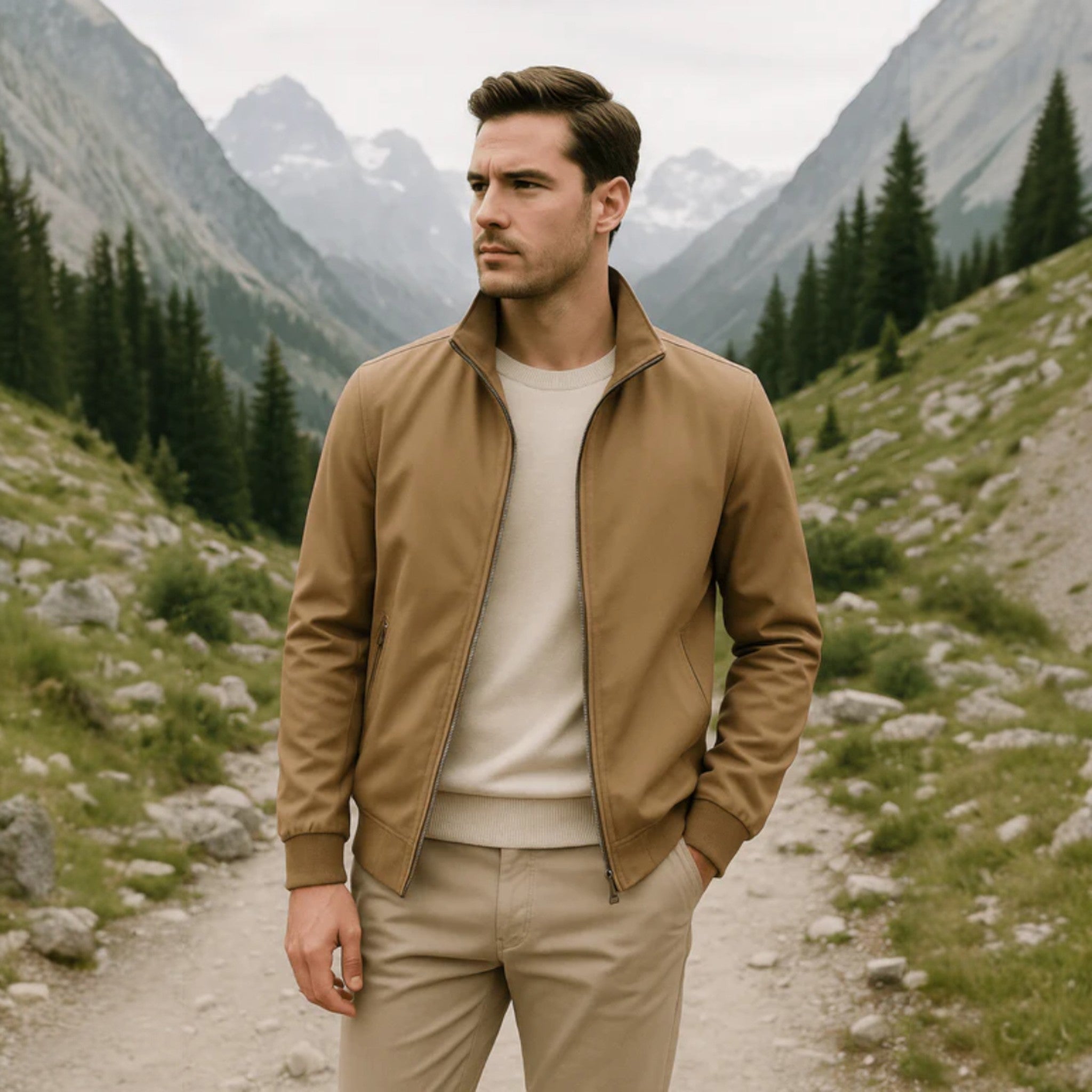 Jachetă bomber ușoară pentru bărbați, cu fermoar și guler înalt