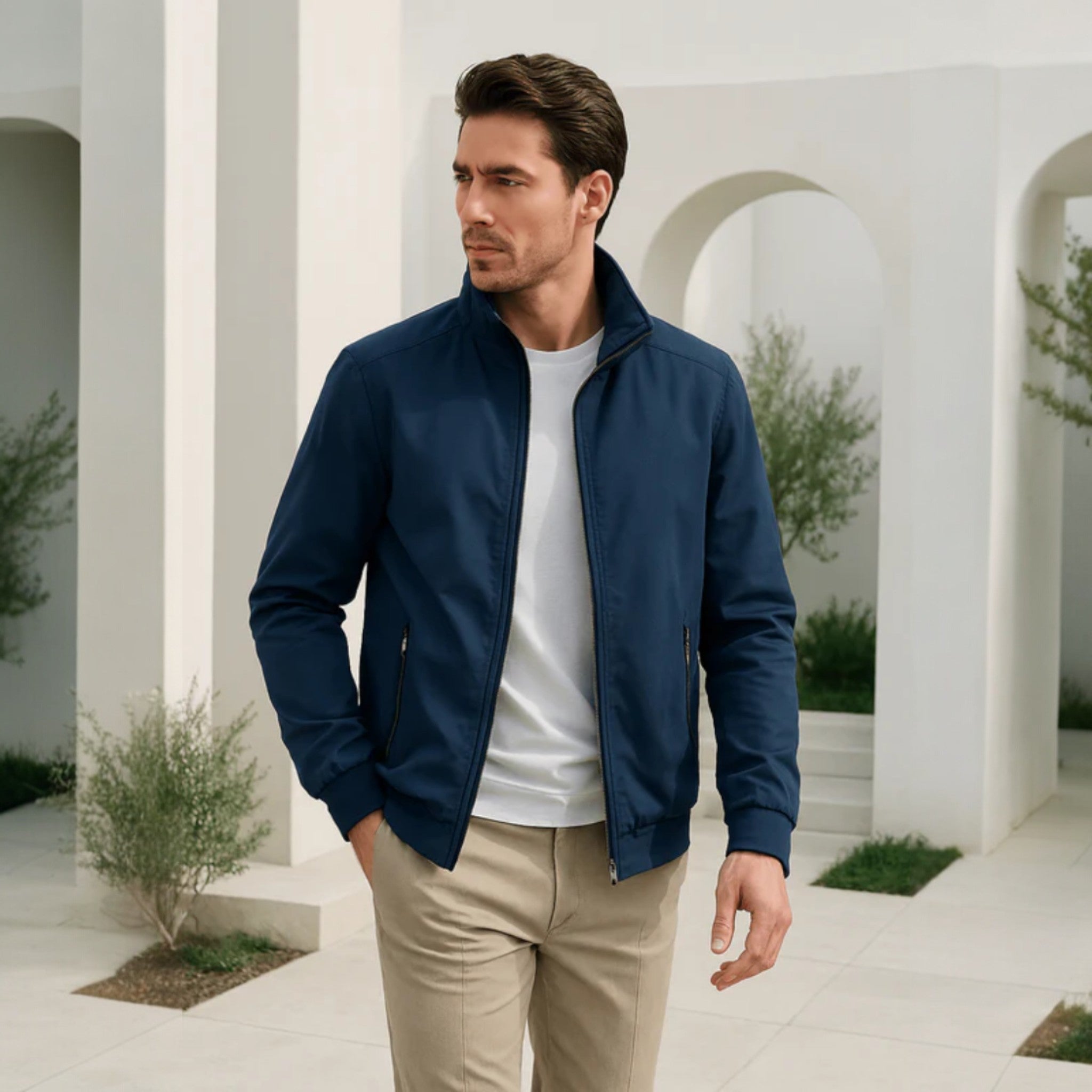 Jachetă bomber ușoară pentru bărbați, cu fermoar și guler înalt