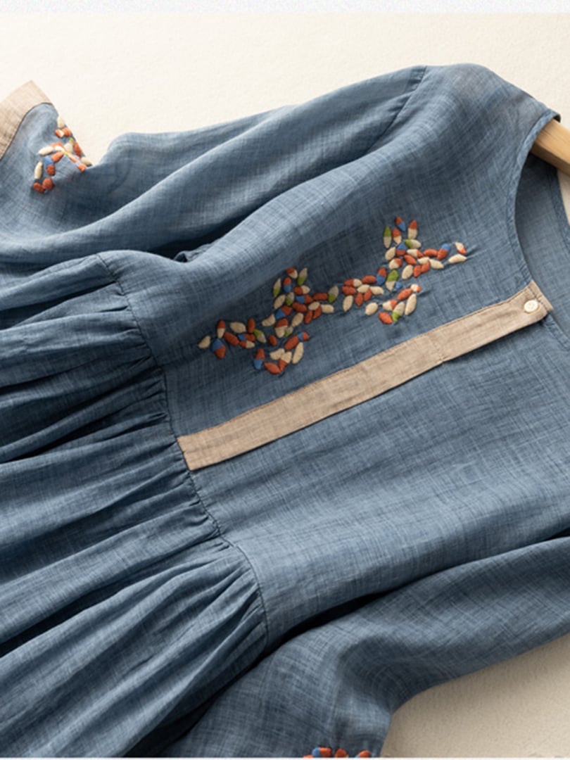 Vestido bordado algodón lino | corte holgado | estilo bohemio | diario