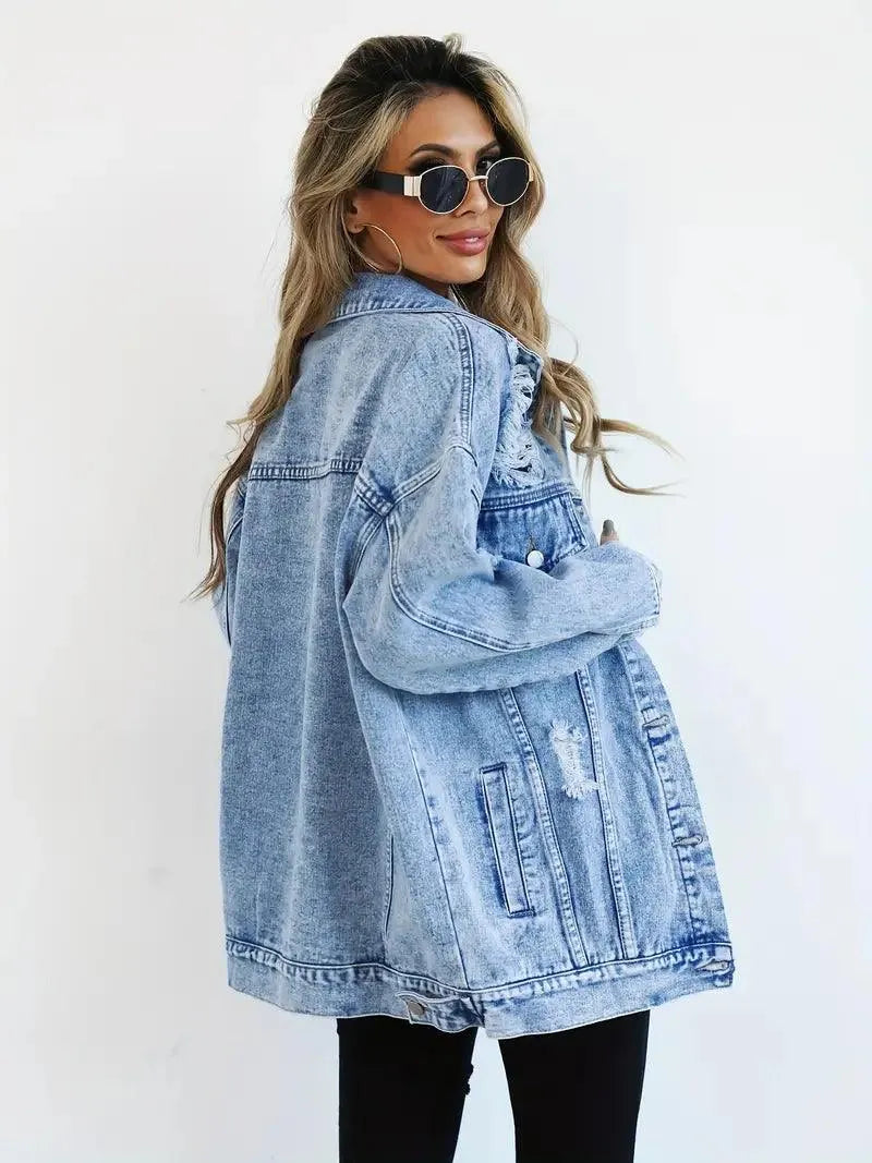 Giacca Jeans Oversize in Cotone con Effetto Lavato e Dettagli Usurati