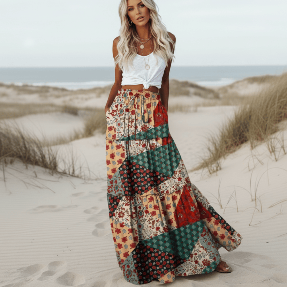 Maxi cotton skirt with floral print and patchwork — beach