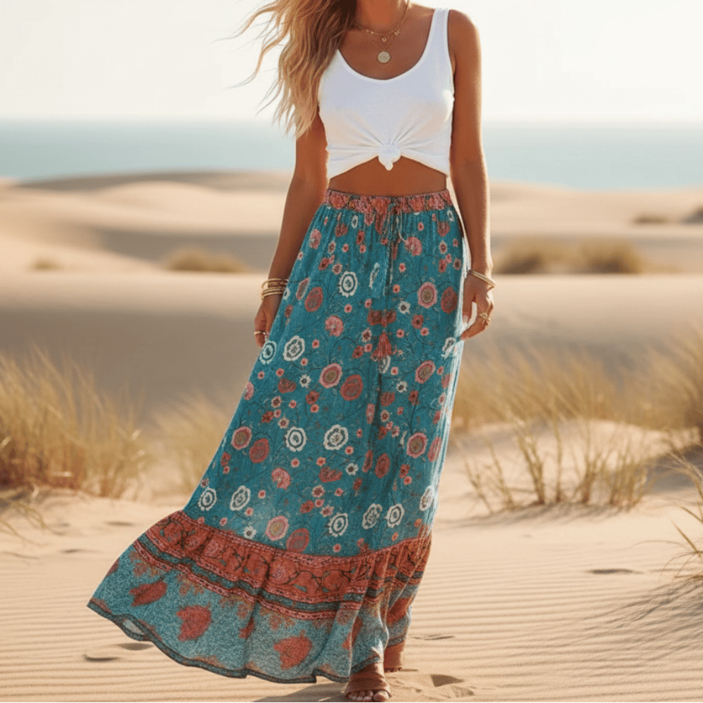 Maxi cotton skirt with floral print and drawstring waist — beach
