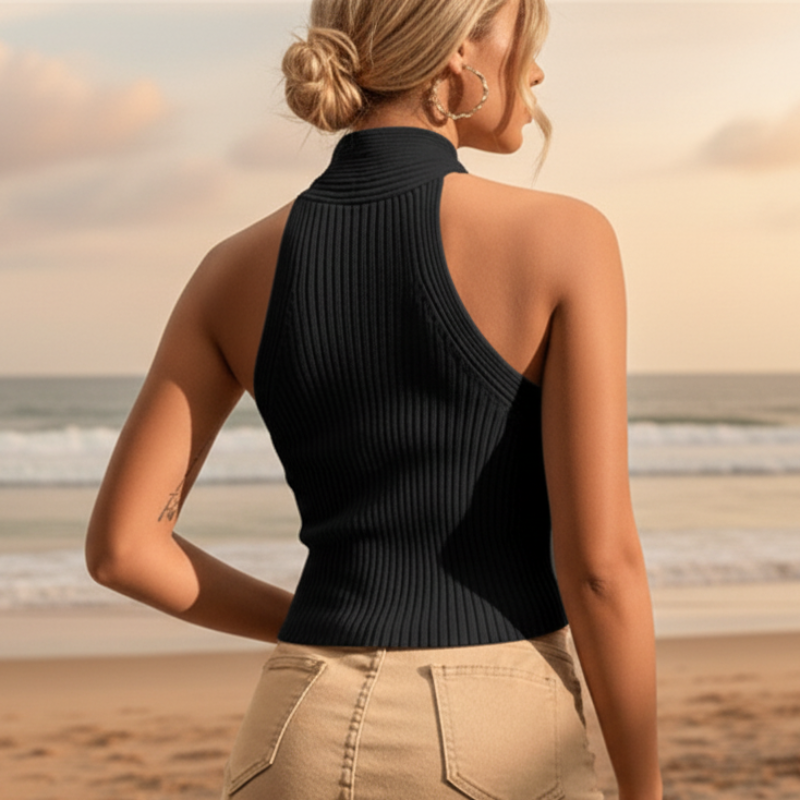 Krátký halter top s překřížením pro ženy z žebrovaného úpletu — pláž