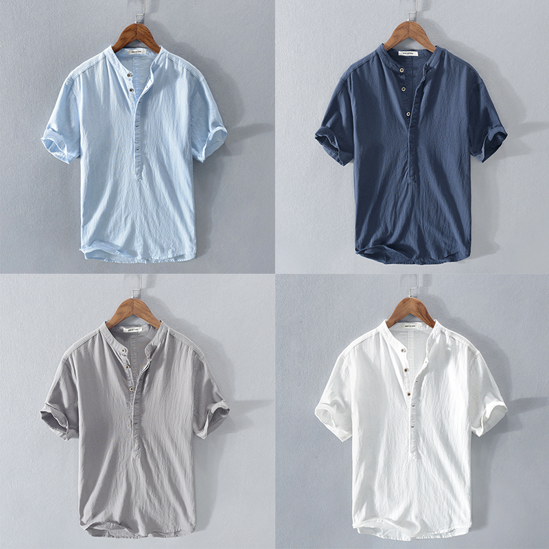 Pánské tričko z lnu a bavlny s krátkým rukávem a knoflíkovým límečkem Henley