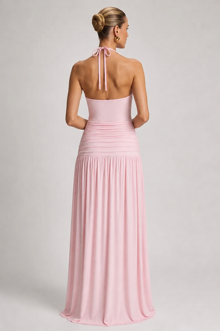Rochie lungă de maternitate cu gât halter plisată