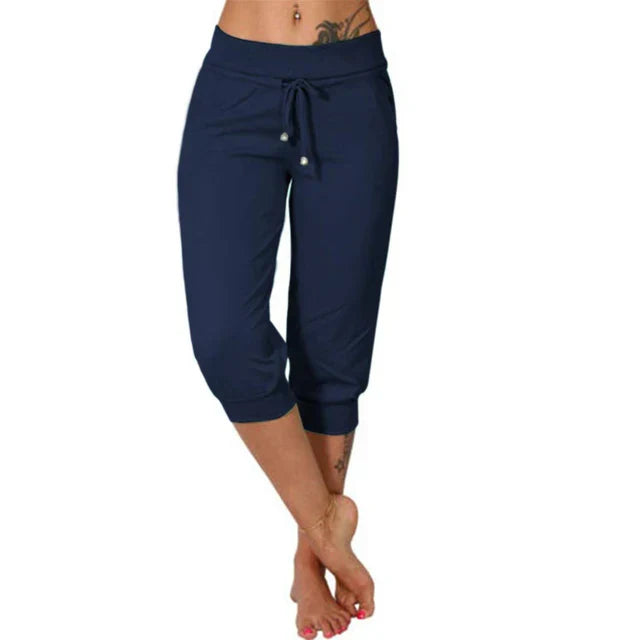 Women's Capri Pants with Adjustable Drawstring and Elastic Waistband
