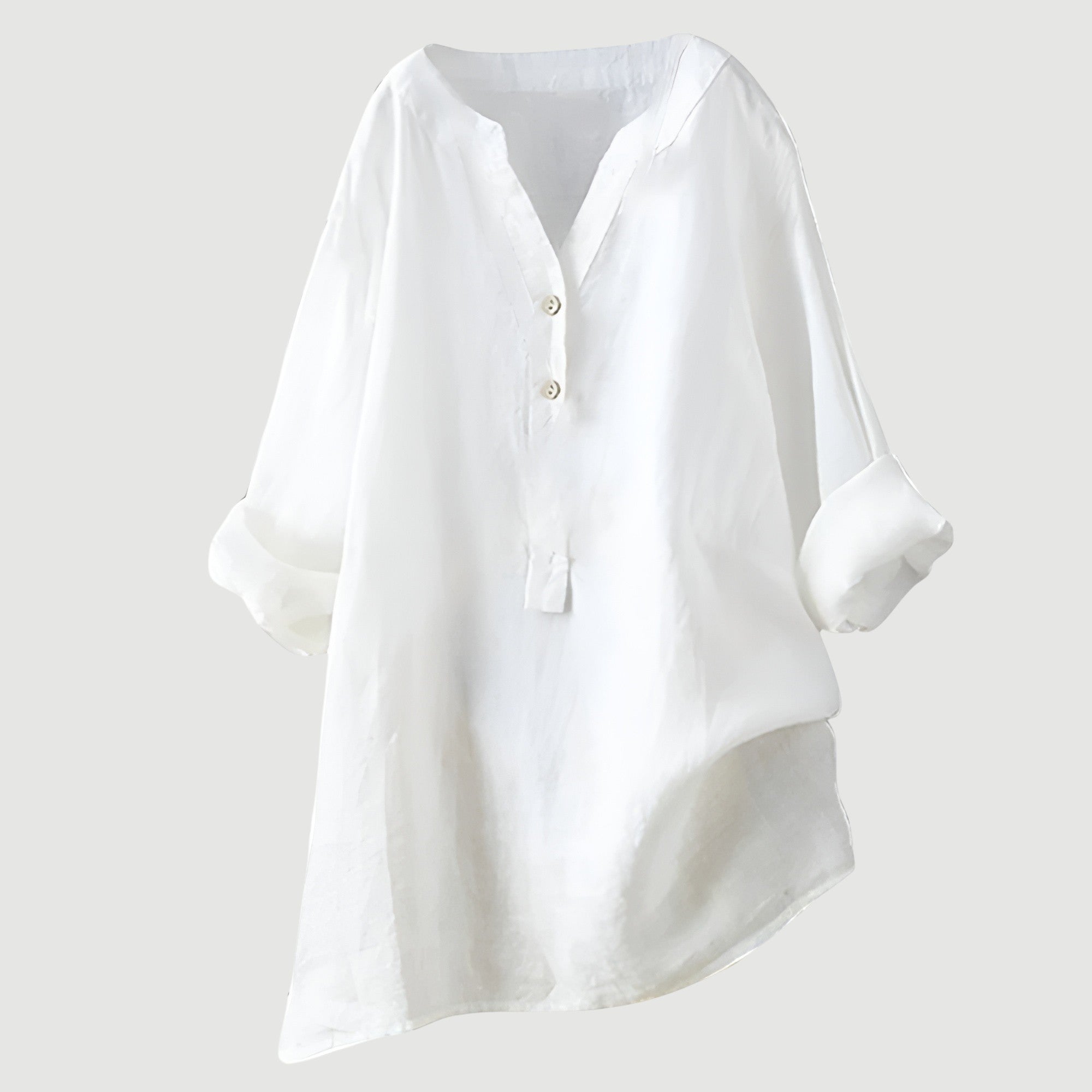 Women's Long-Sleeve Henley Blouse with Asymmetrical Hem in Polyester