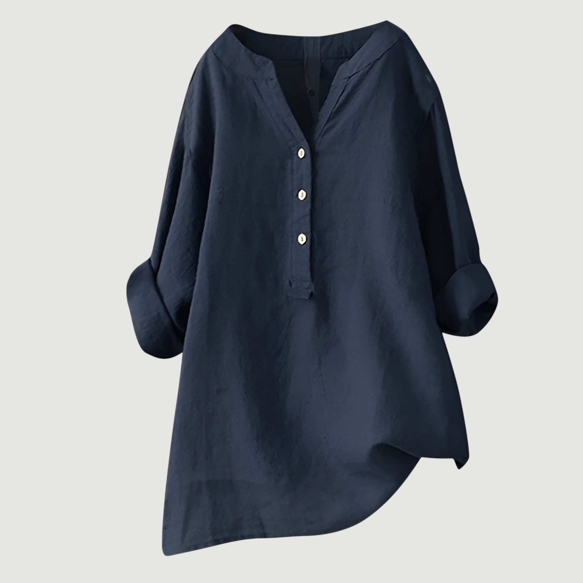 Women's Long-Sleeve Henley Blouse with Asymmetrical Hem in Polyester