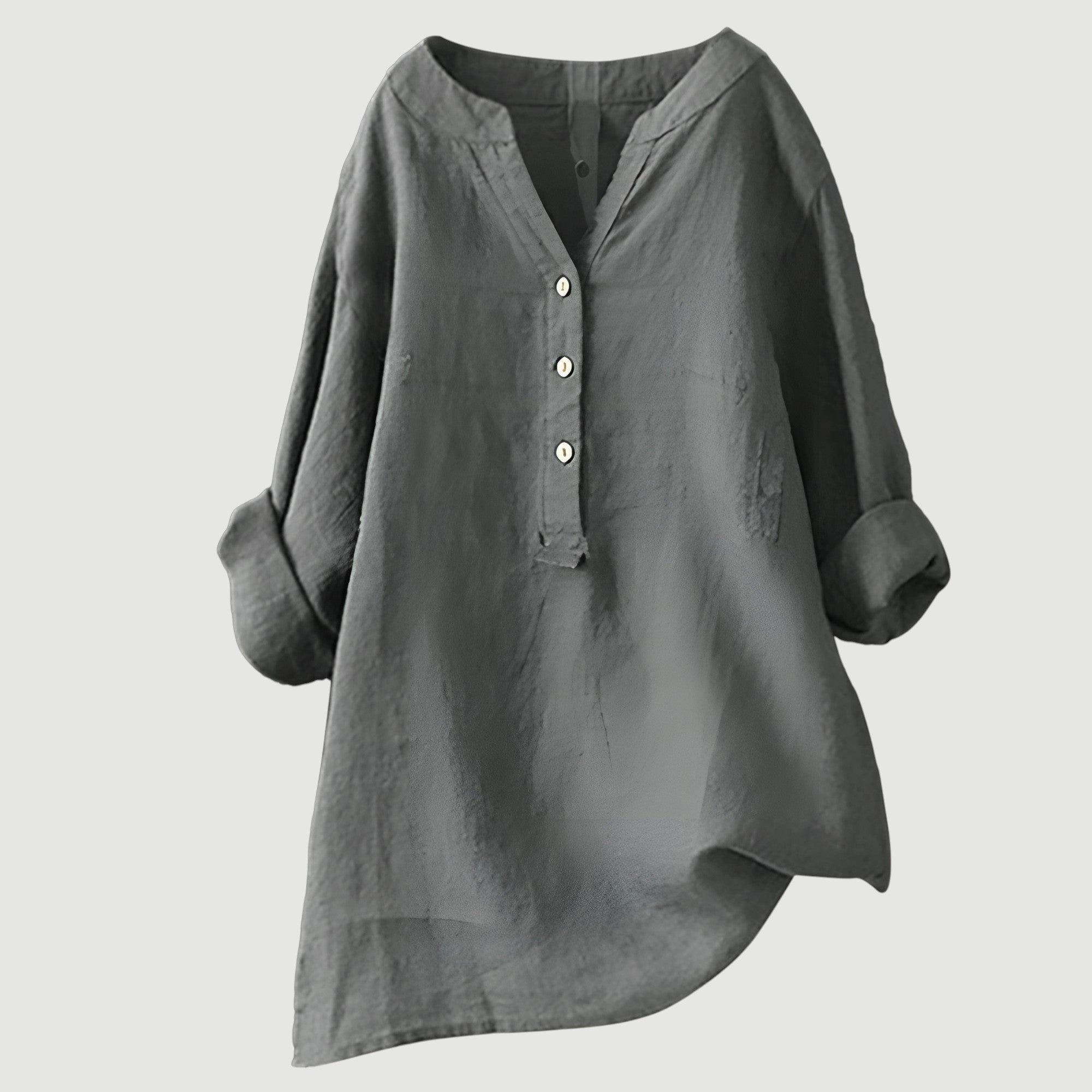 Women's Long-Sleeve Henley Blouse with Asymmetrical Hem in Polyester