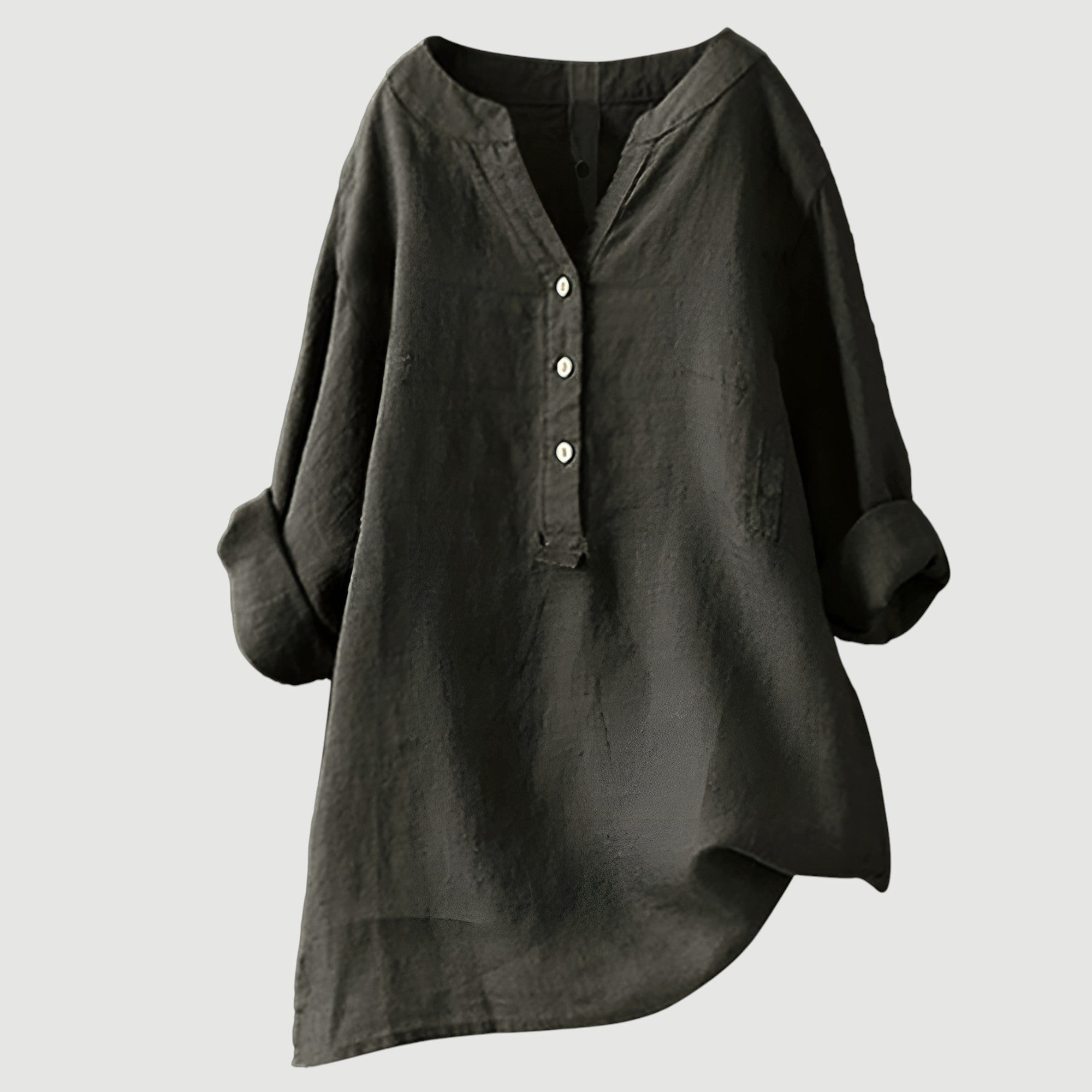 Women's Long-Sleeve Henley Blouse with Asymmetrical Hem in Polyester