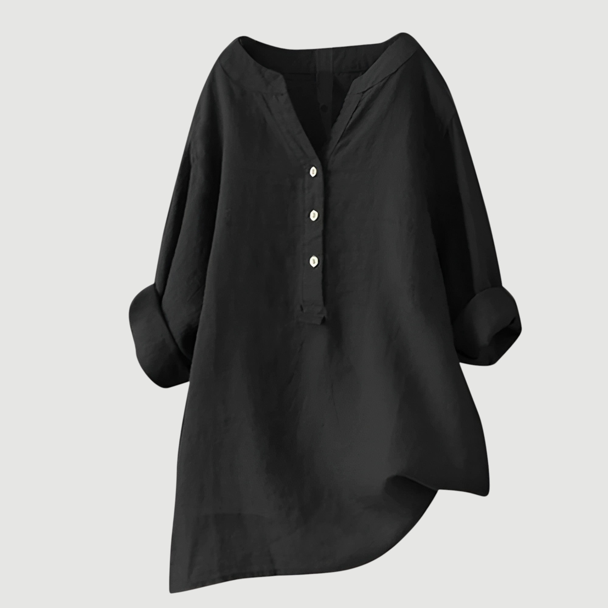 Women's Long-Sleeve Henley Blouse with Asymmetrical Hem in Polyester