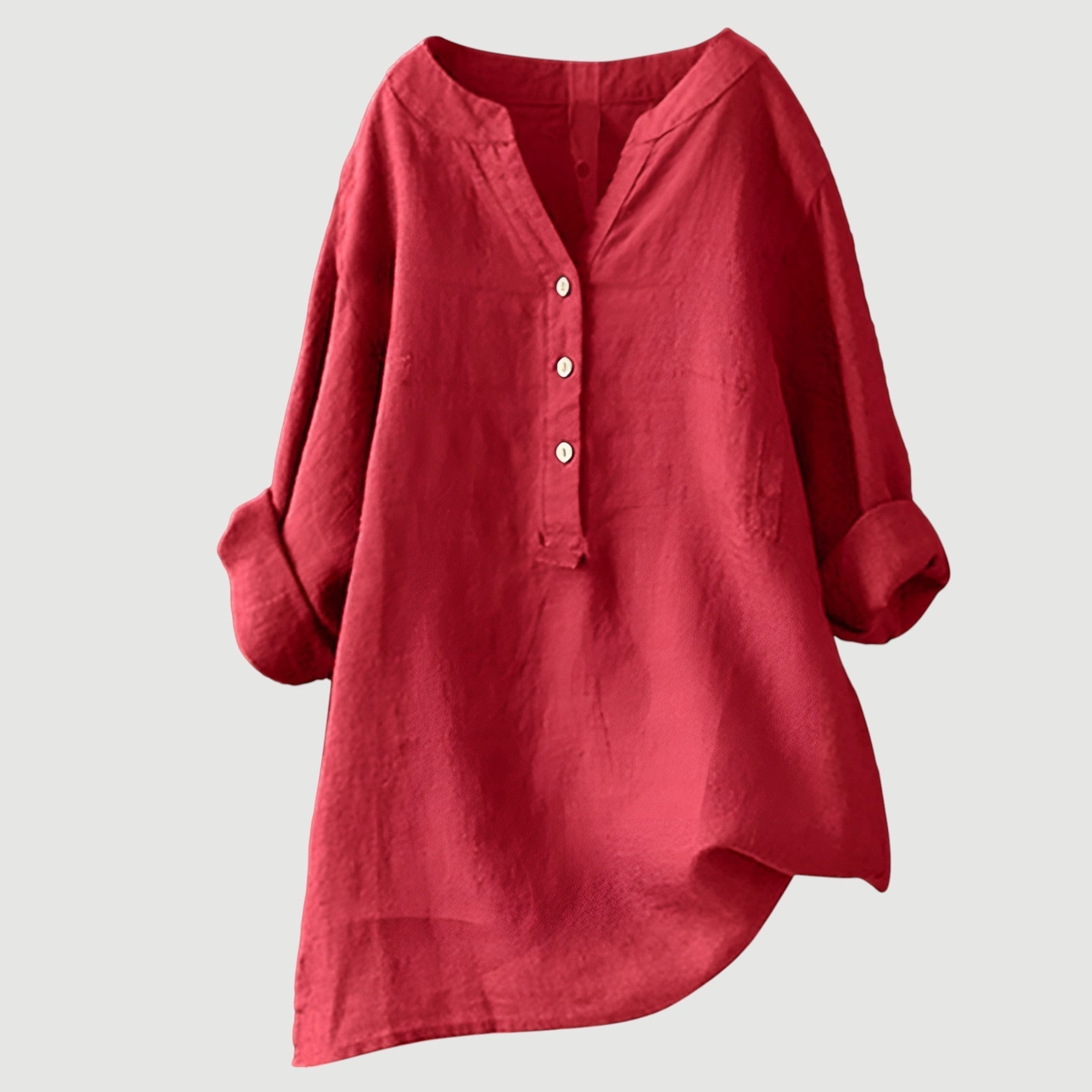 Women's Long-Sleeve Henley Blouse with Asymmetrical Hem in Polyester