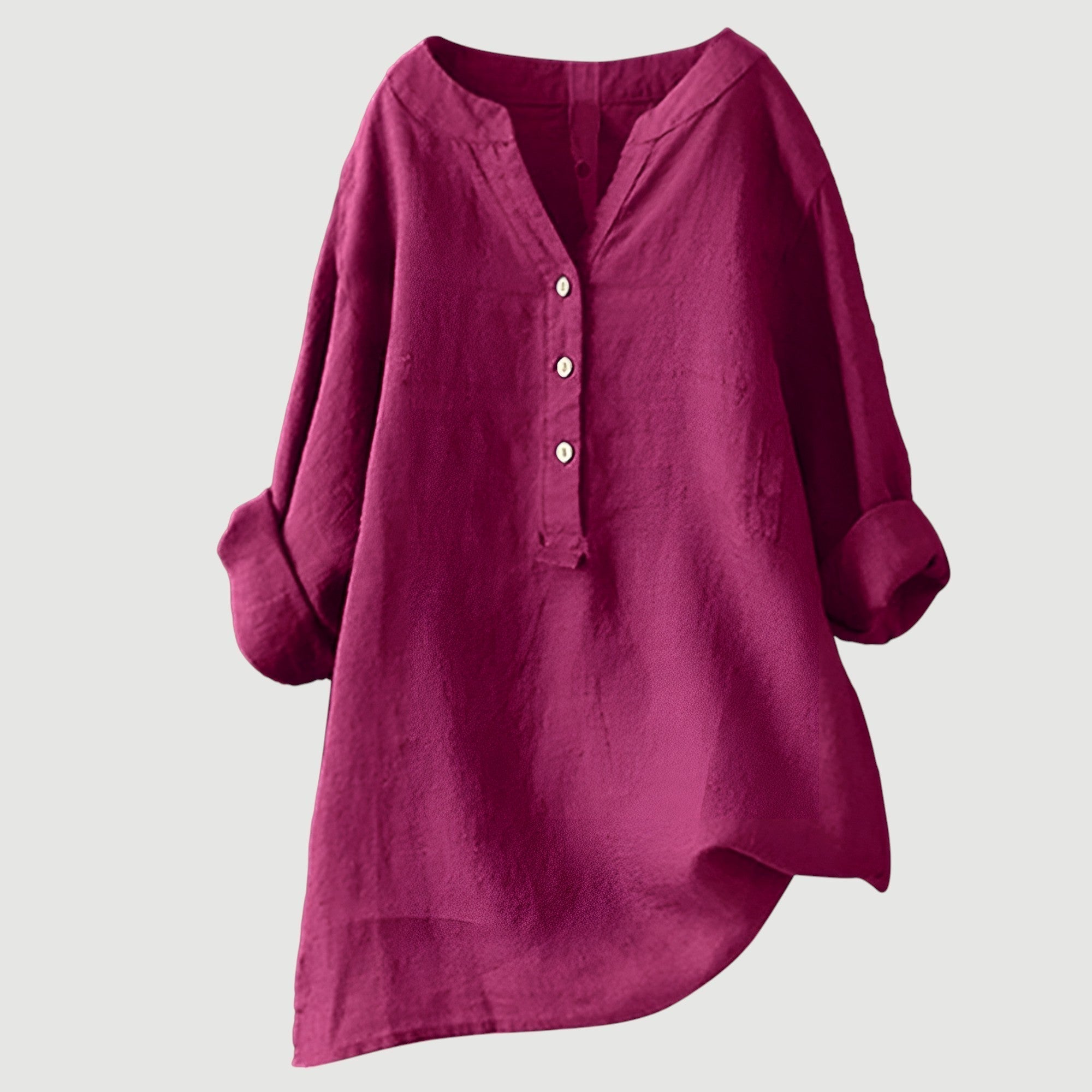 Women's Long-Sleeve Henley Blouse with Asymmetrical Hem in Polyester