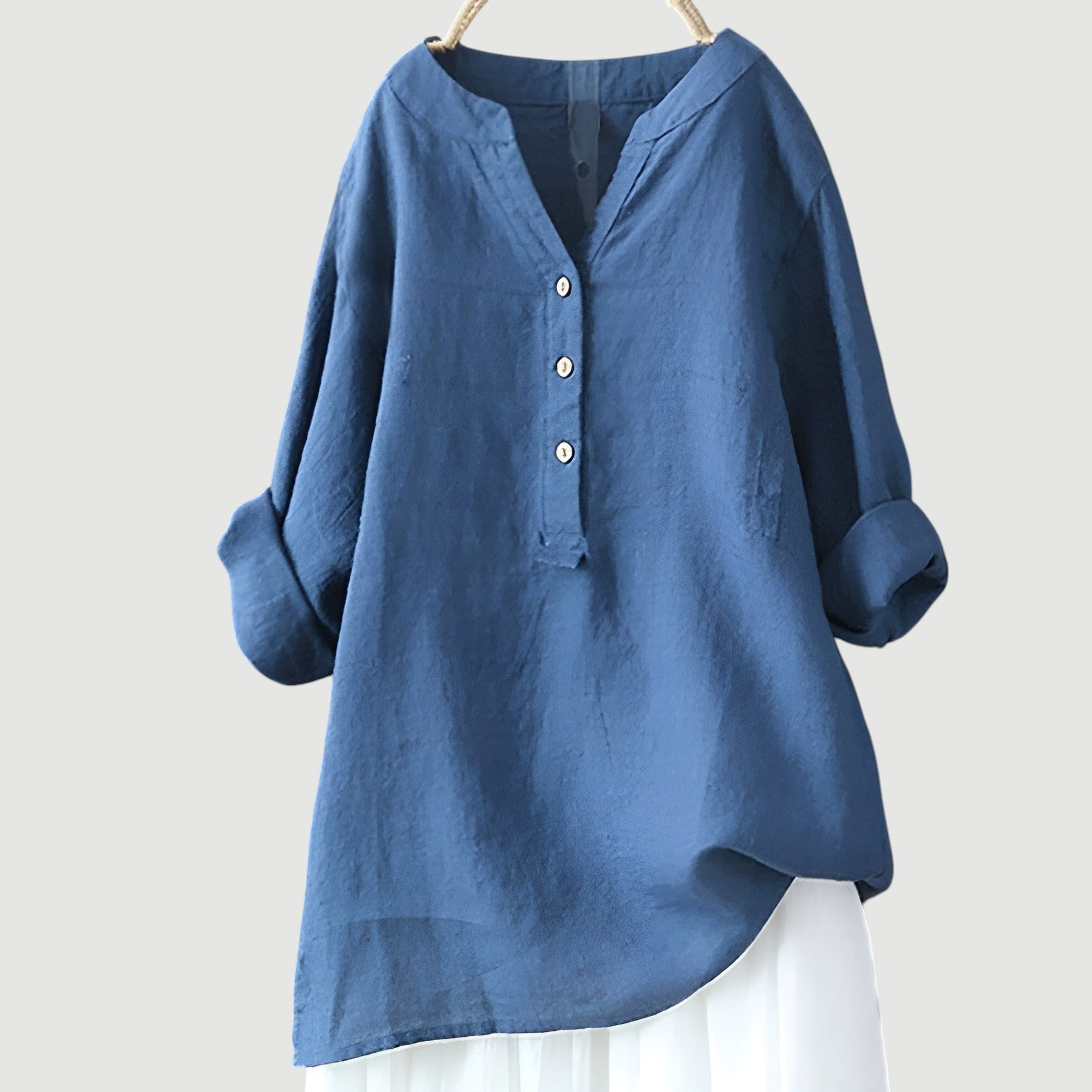Women's Long-Sleeve Henley Blouse with Asymmetrical Hem in Polyester