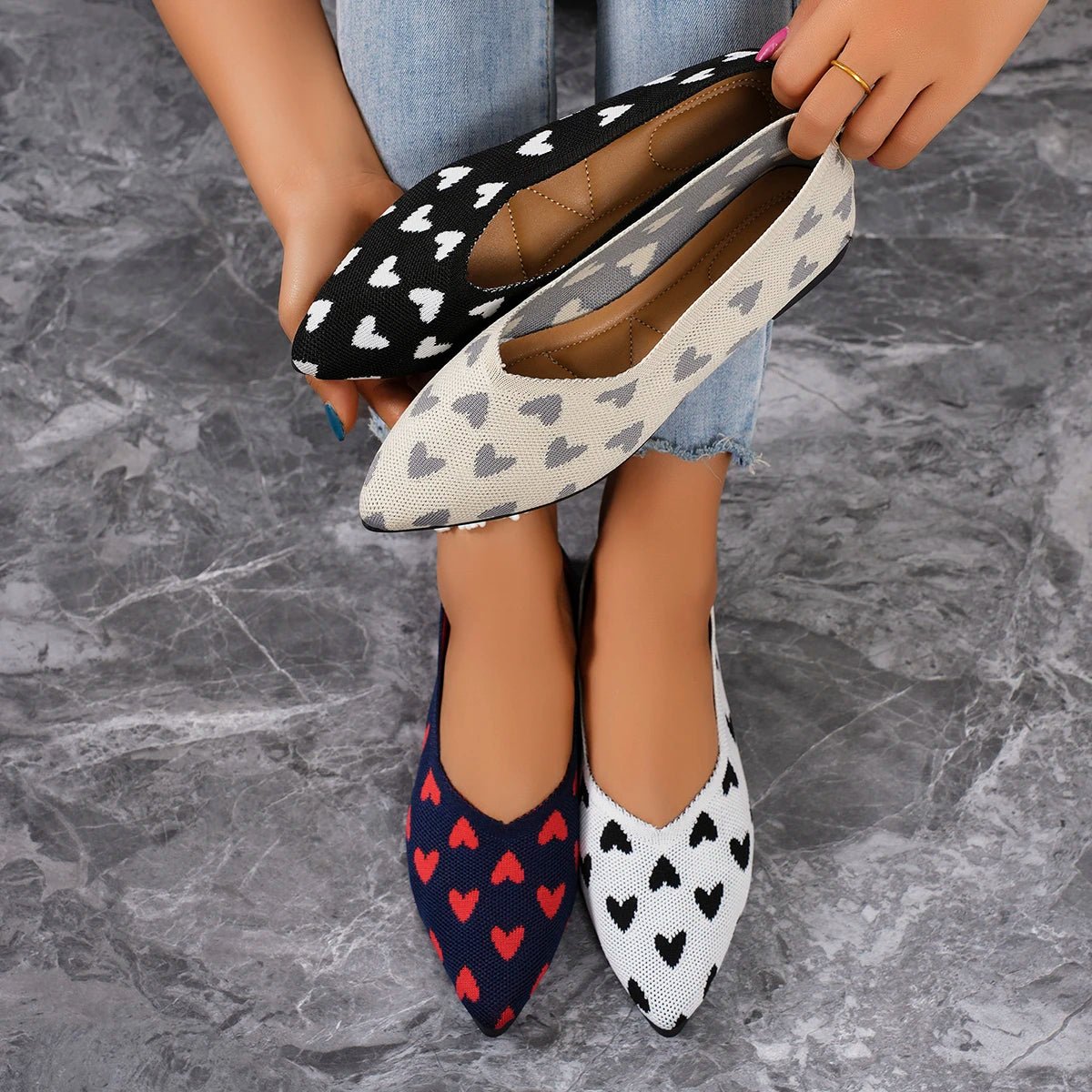 Women's Ballet Flats with Pointed Toe and Heart Print