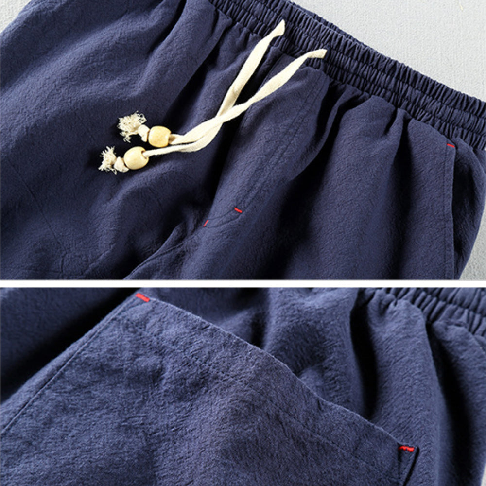 Pantalones de Lino para Hombre de Corte Recto con Cintura Elástica y Cordón Ajustable