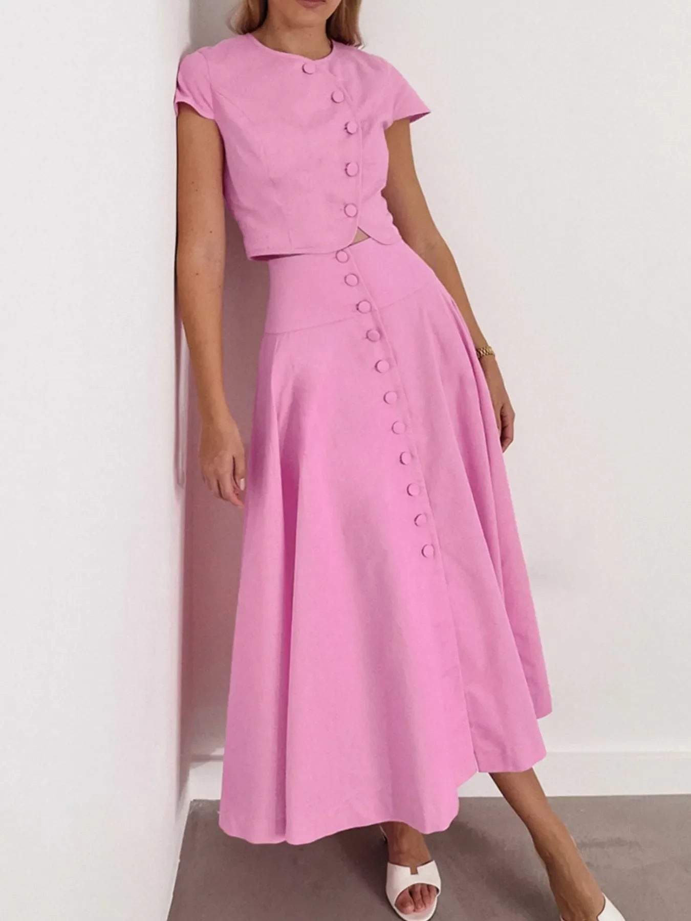 Conjunto de Dos Piezas para Mujer con Top Manga Corta y Falda Larga con Botones