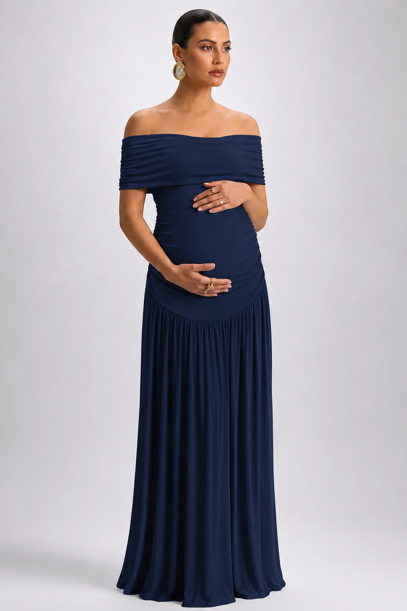 Rochie de maternitate lungă, elegantă, cu umerii goi