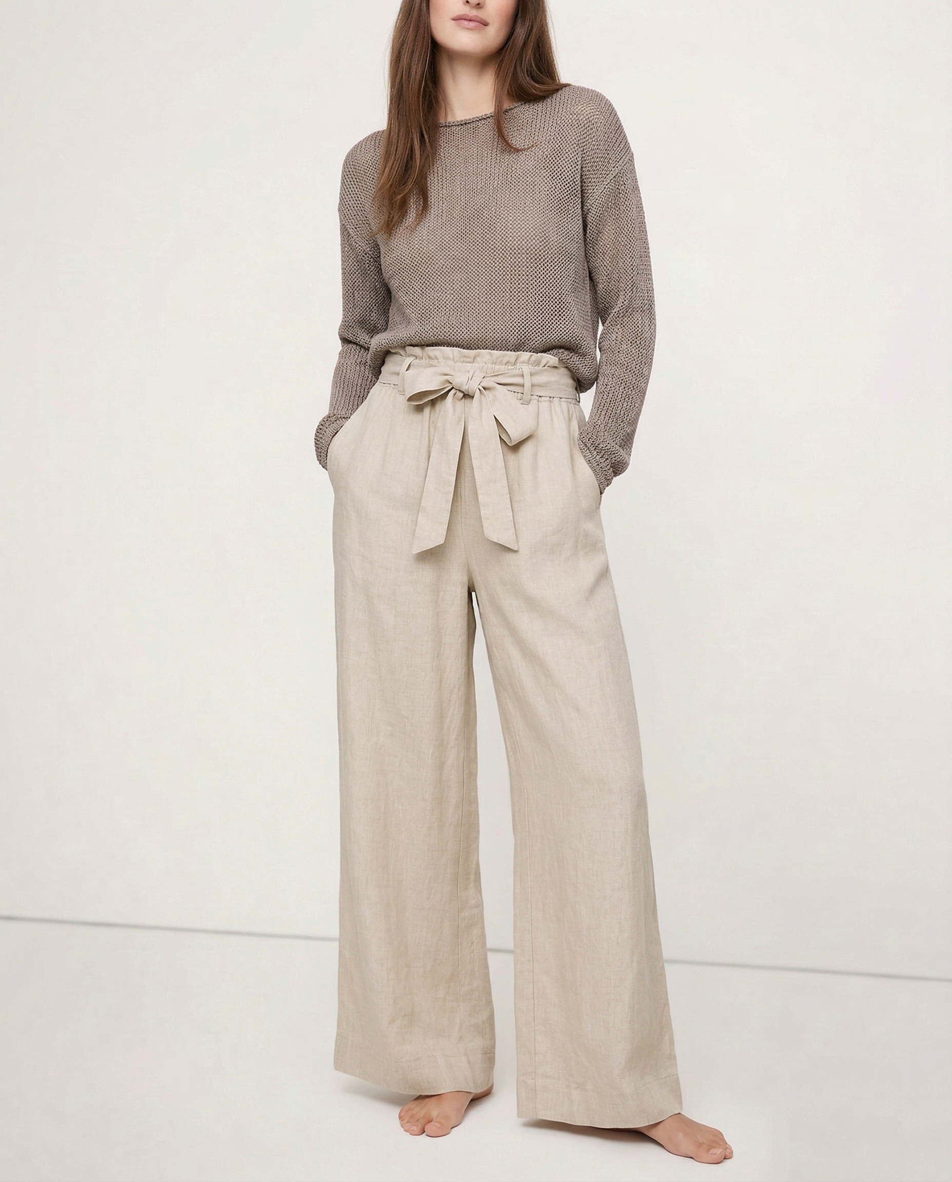 Pantaloni largi din in pentru femei, cu talie elastică și cordon