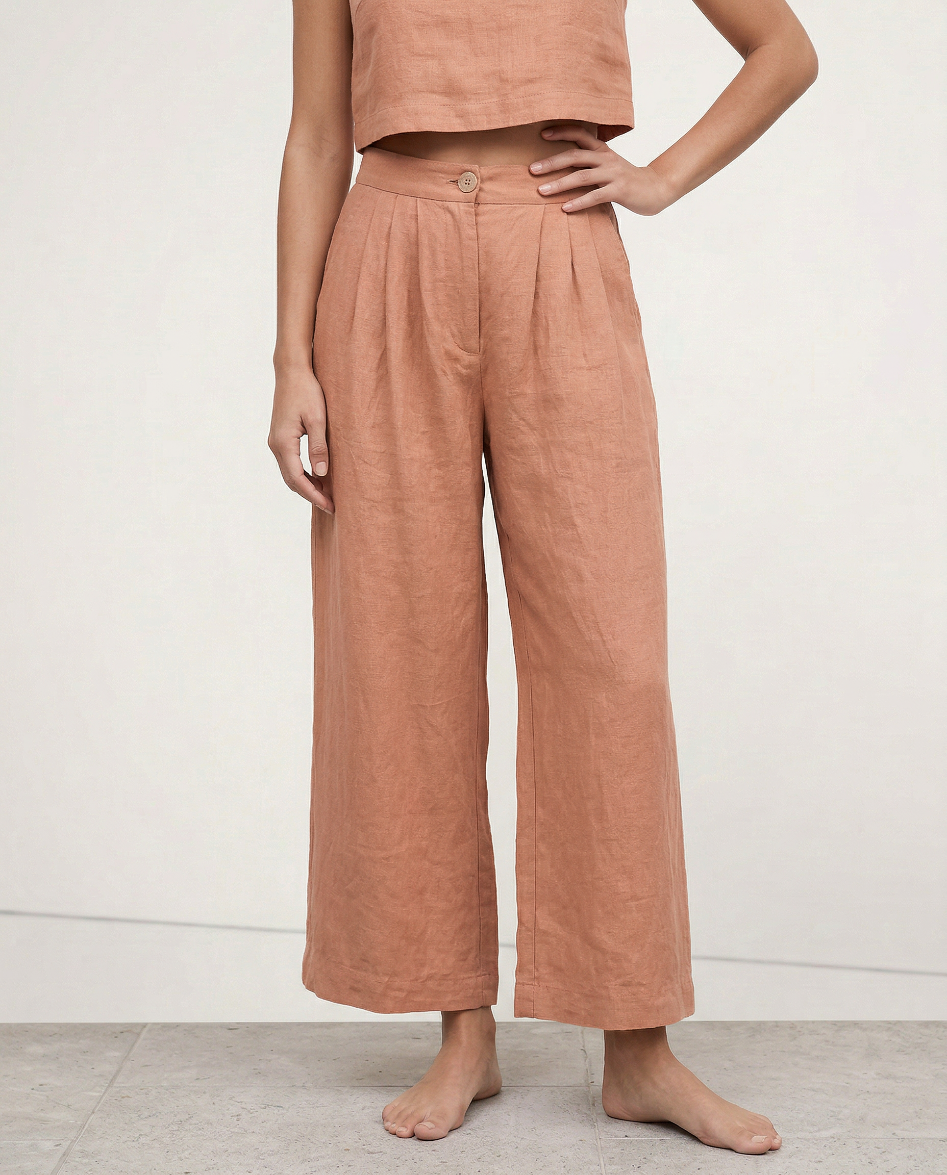 Lněné culottes pro ženy s vysokým pasem a předními záhyby