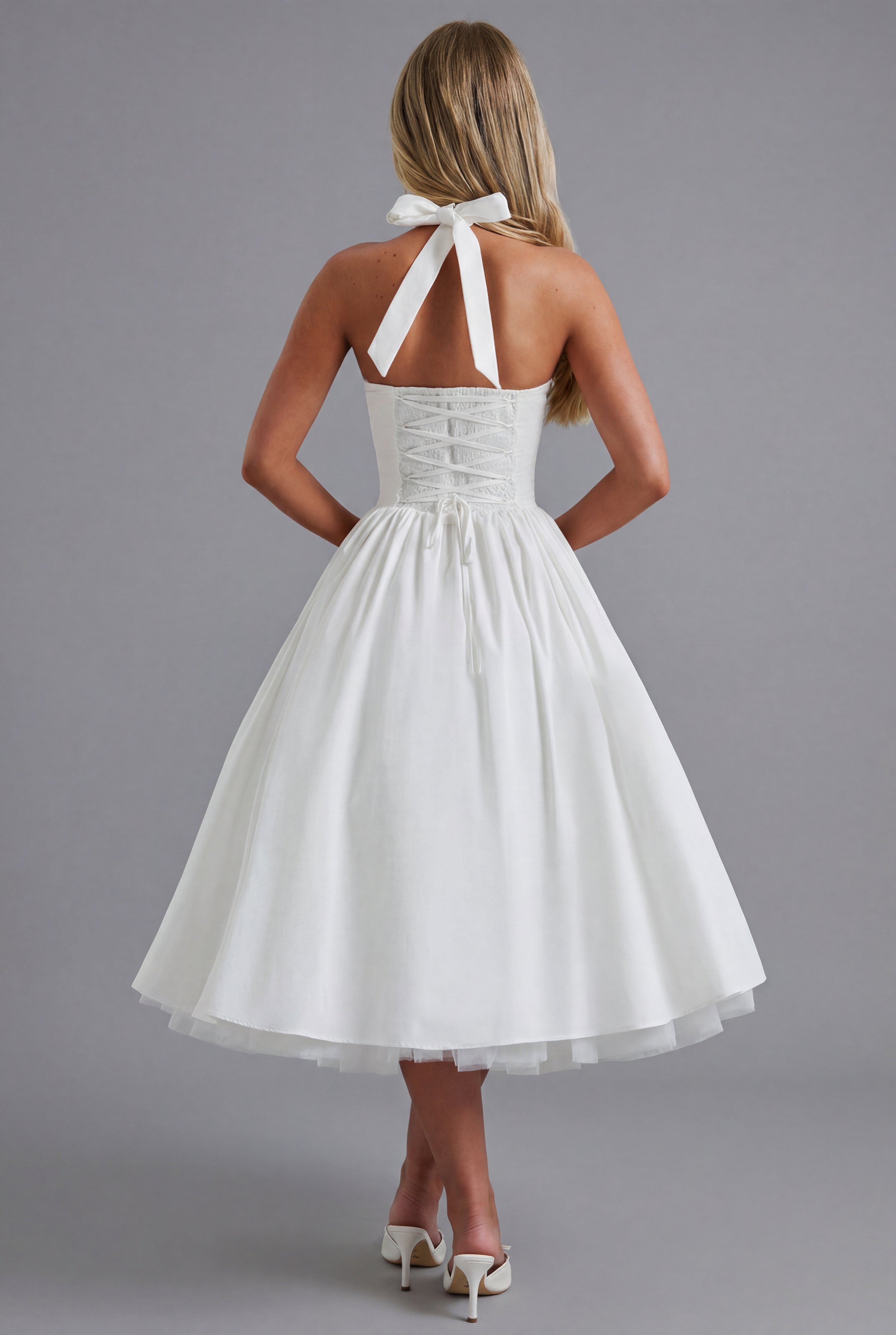Robe midi de fête pour femme avec col halter et jupe évasée