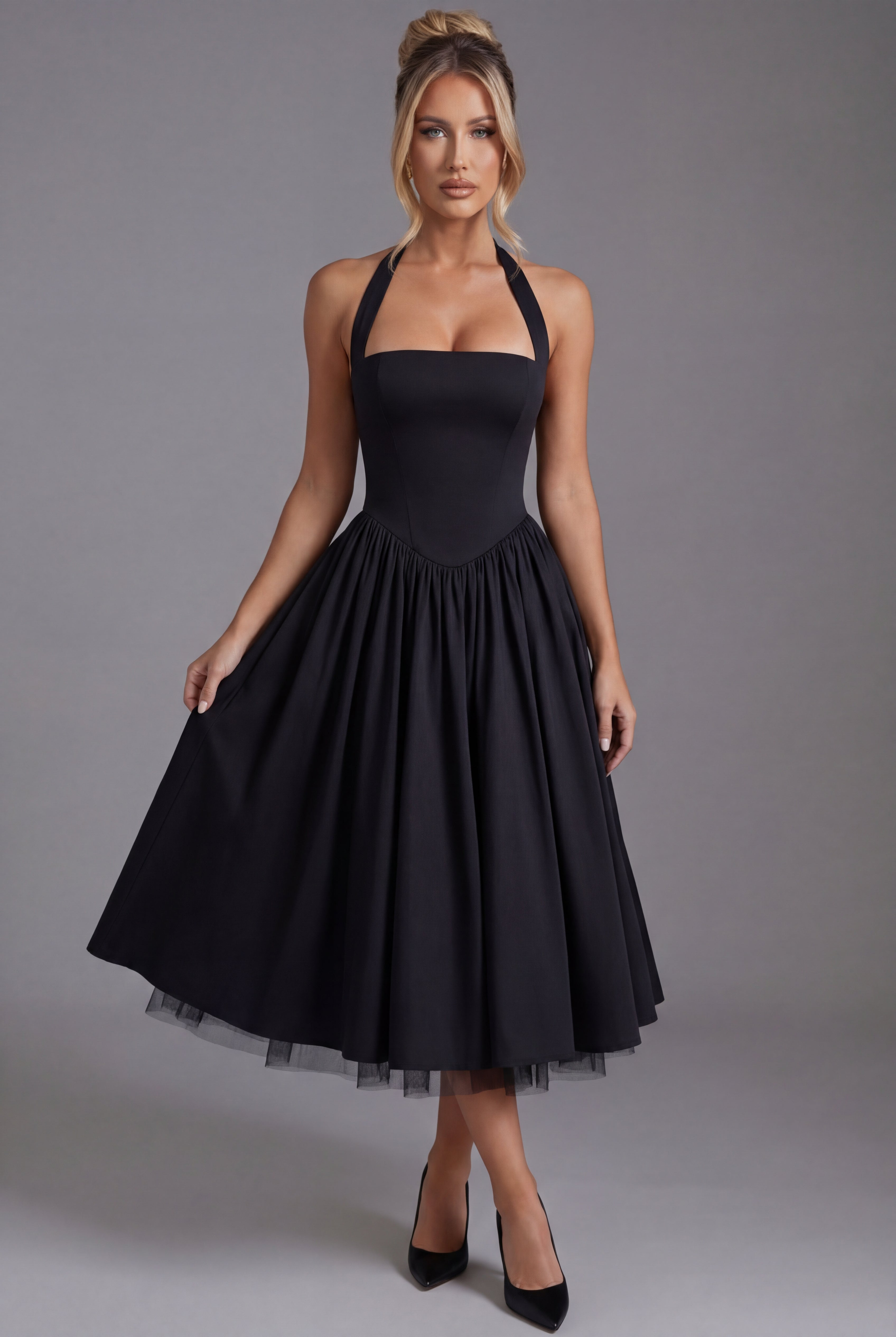 Robe midi de fête pour femme avec col halter et jupe évasée