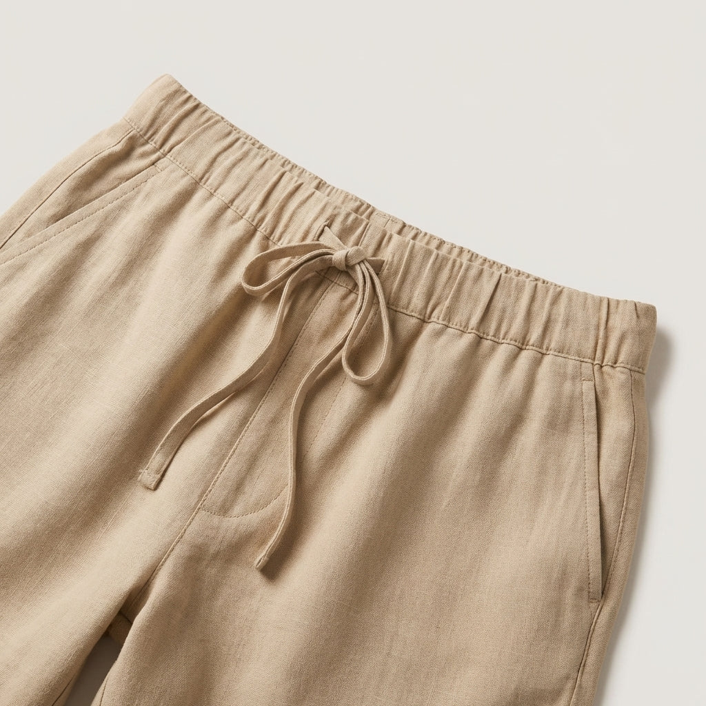 Pantaloni scurți de in pentru bărbați cu șnur ajustabil și buzunare laterale