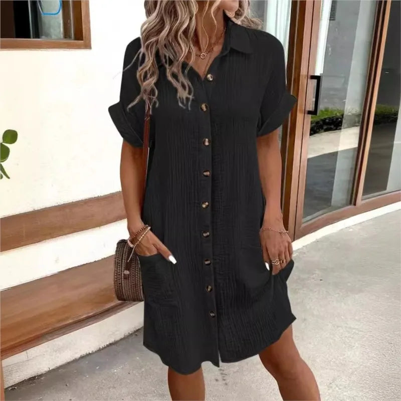Vestido Camisero de Lino y Algodón con Botones y Bolsillos para Mujer