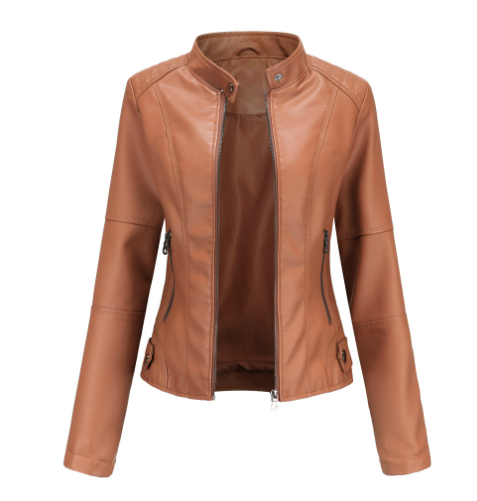 Giacca biker in pelle sintetica da donna con cerniera e collo a rever