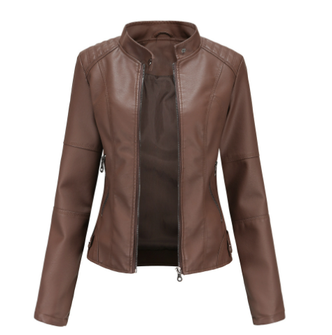 Giacca biker in pelle sintetica da donna con cerniera e collo a rever