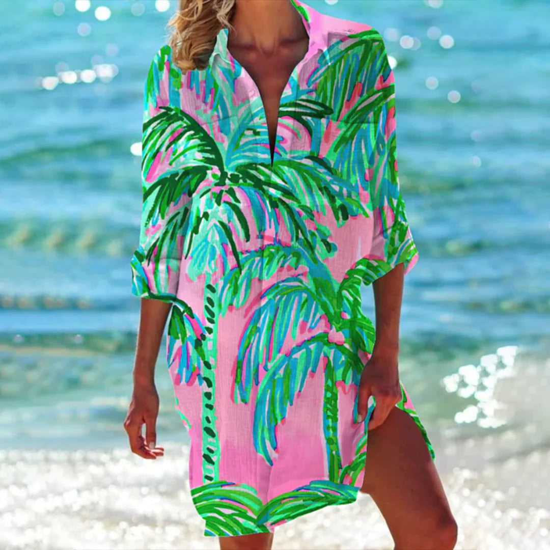 Robe chemise imprimé tropical pour femme, paréo de plage avec manches réglables