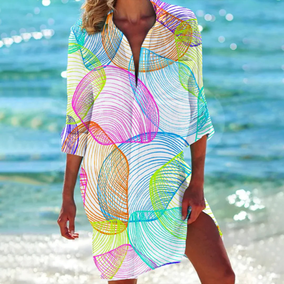 Robe chemise imprimé tropical pour femme, paréo de plage avec manches réglables