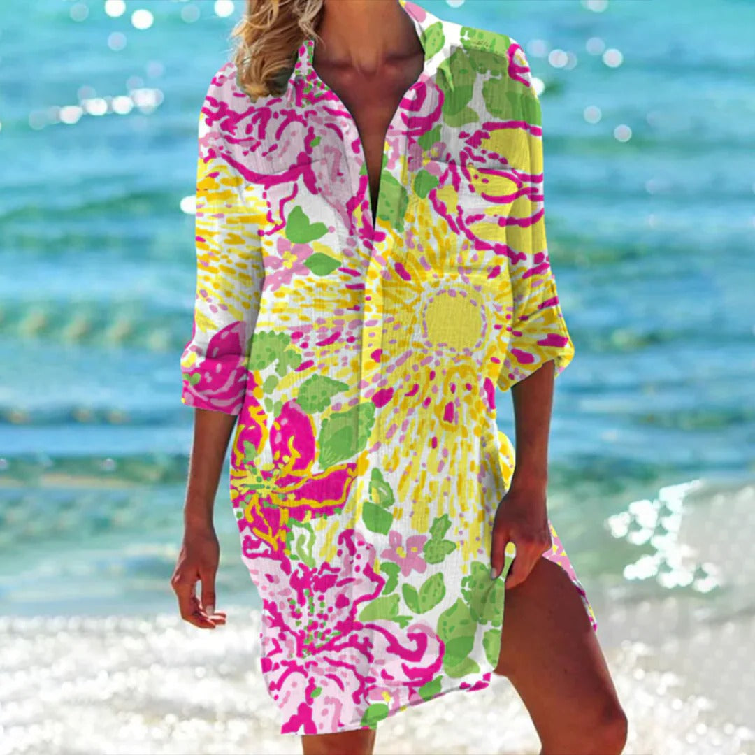 Robe chemise imprimé tropical pour femme, paréo de plage avec manches réglables