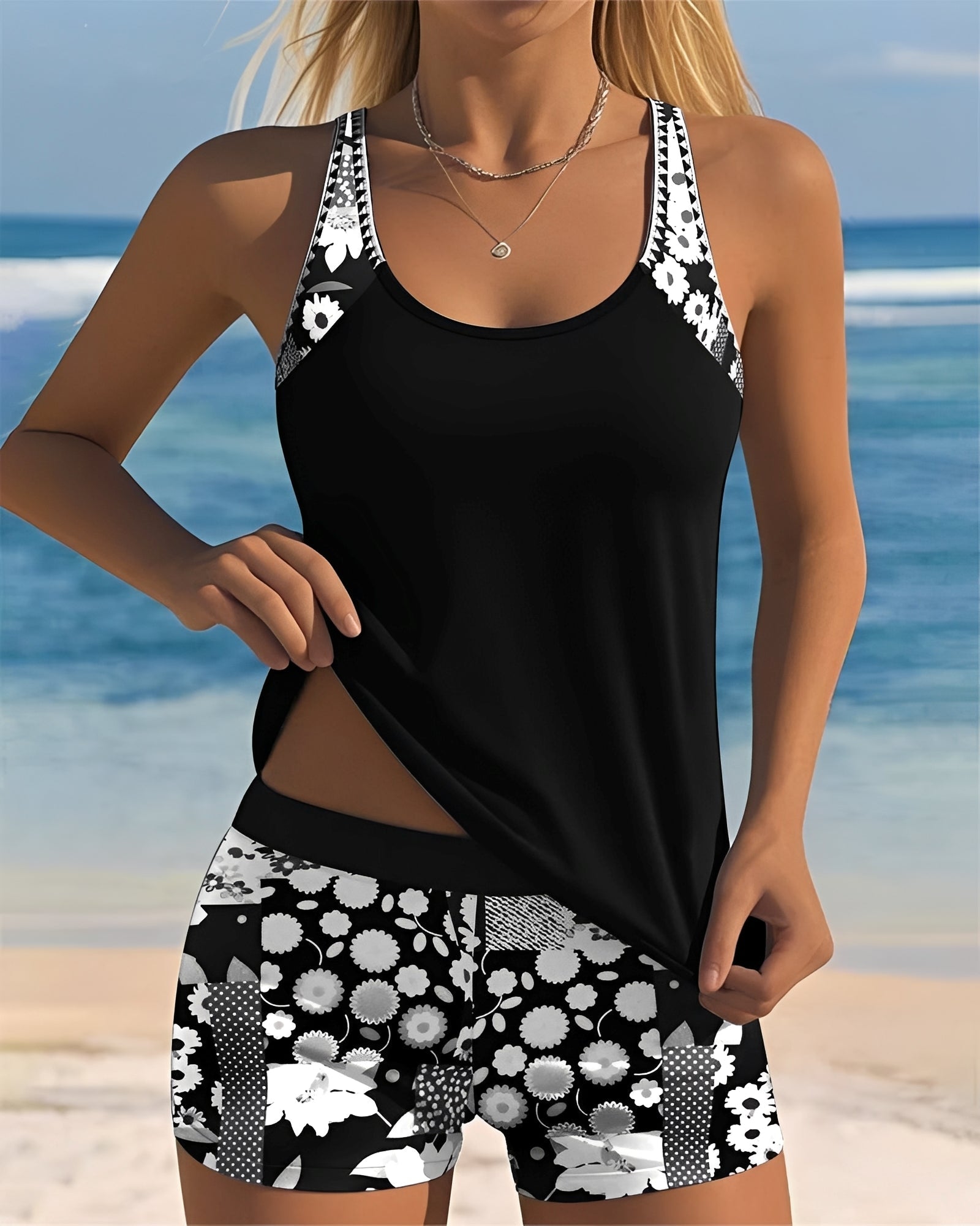 Costume Tankini Due Pezzi con Stampa e Pantaloni a Vita Alta da Donna