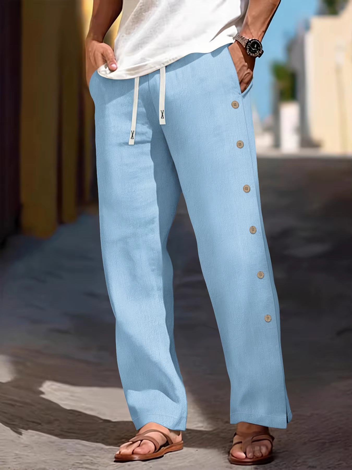 Pantaloni de in pentru femei cu talie elastică și detaliu cu nasturi laterali