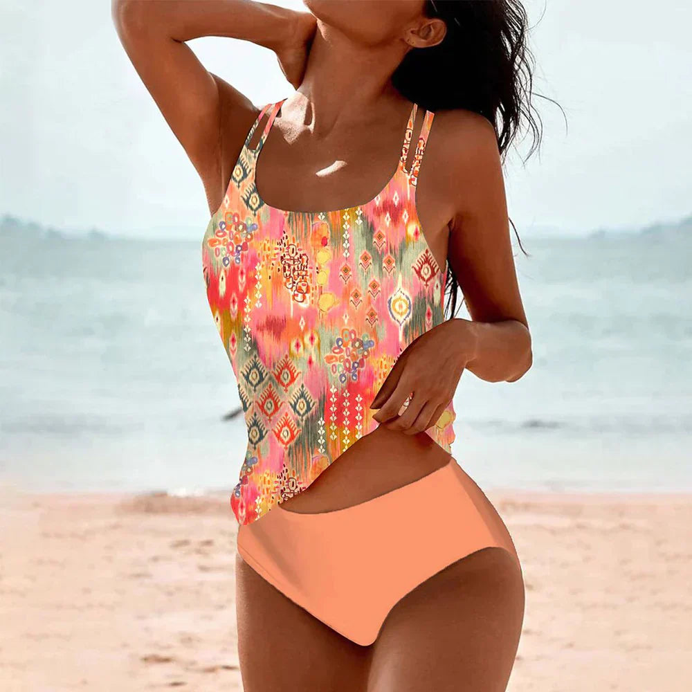 Maillot de bain tankini deux pièces avec imprimé ethnique et bretelles doubles pour femme
