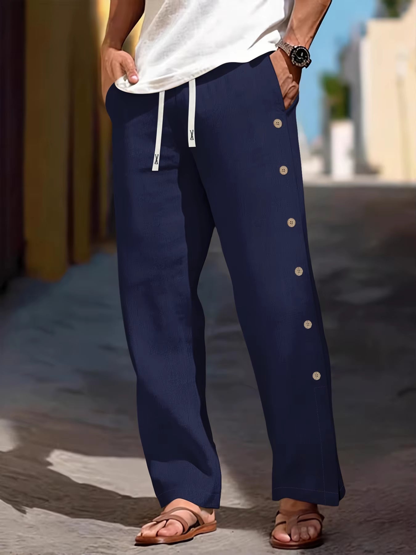 Pantaloni de in pentru femei cu talie elastică și detaliu cu nasturi laterali