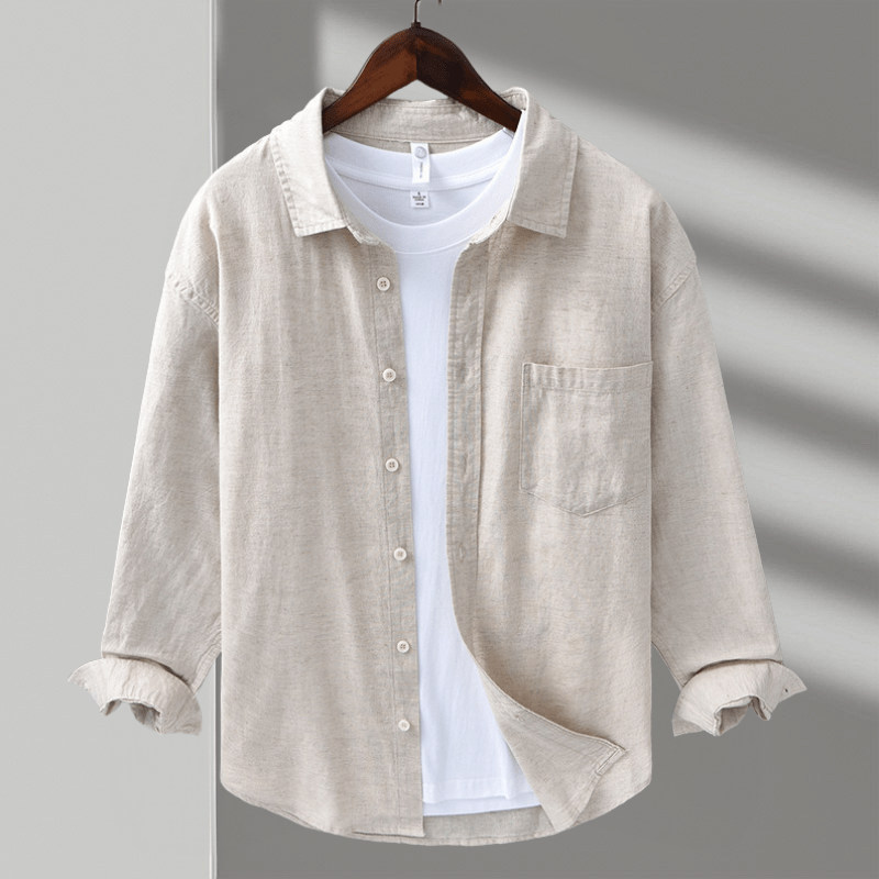 Cămașă din Bumbac și In pentru Bărbați cu Mâneci Lungi, Guler cu Rever și Nasturi