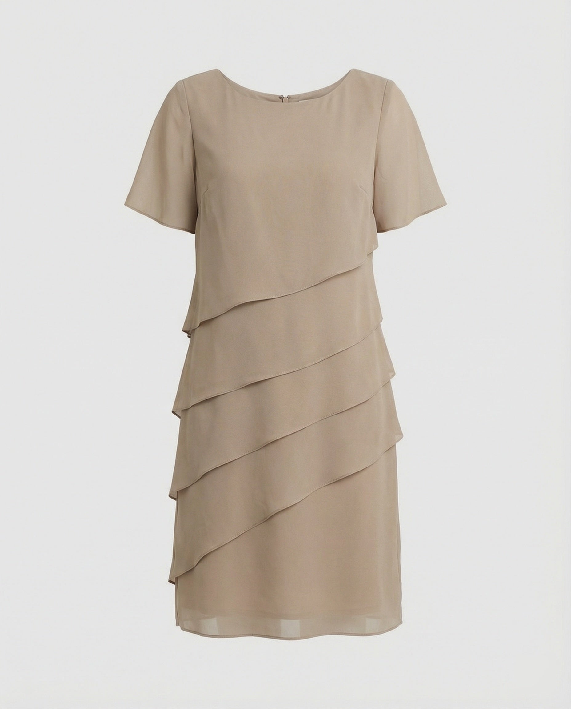 Vestito in Georgette a Taglio a Strati con Collo Rotondo e Manica Corta da Donna