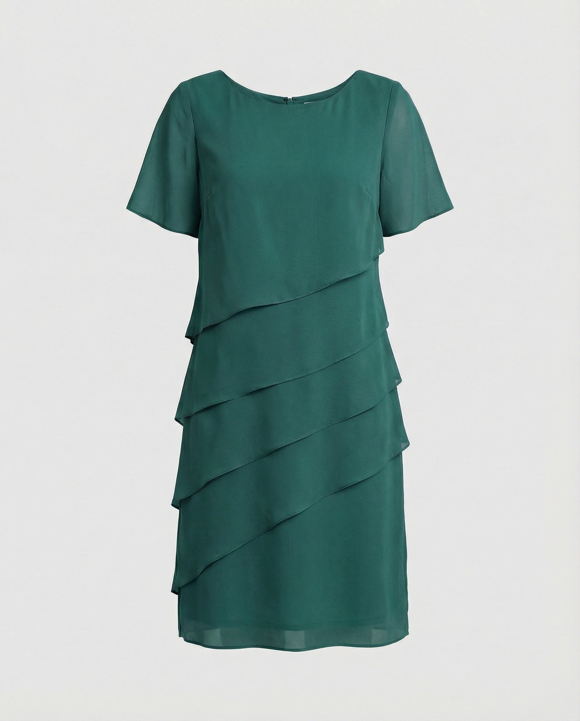 Vestito in Georgette a Taglio a Strati con Collo Rotondo e Manica Corta da Donna